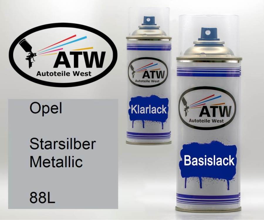 Opel, Starsilber Metallic, 88L: 400ml Sprühdose + 400ml Klarlack - Set, von ATW Autoteile West.